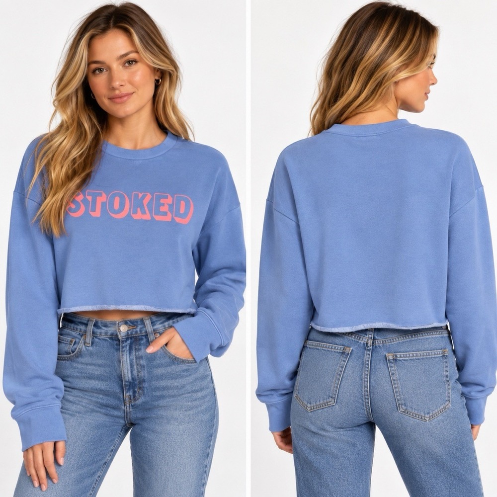 Billabong Cropped Stocked Sweatshirt Blue Pink Medium Relaxed Fit